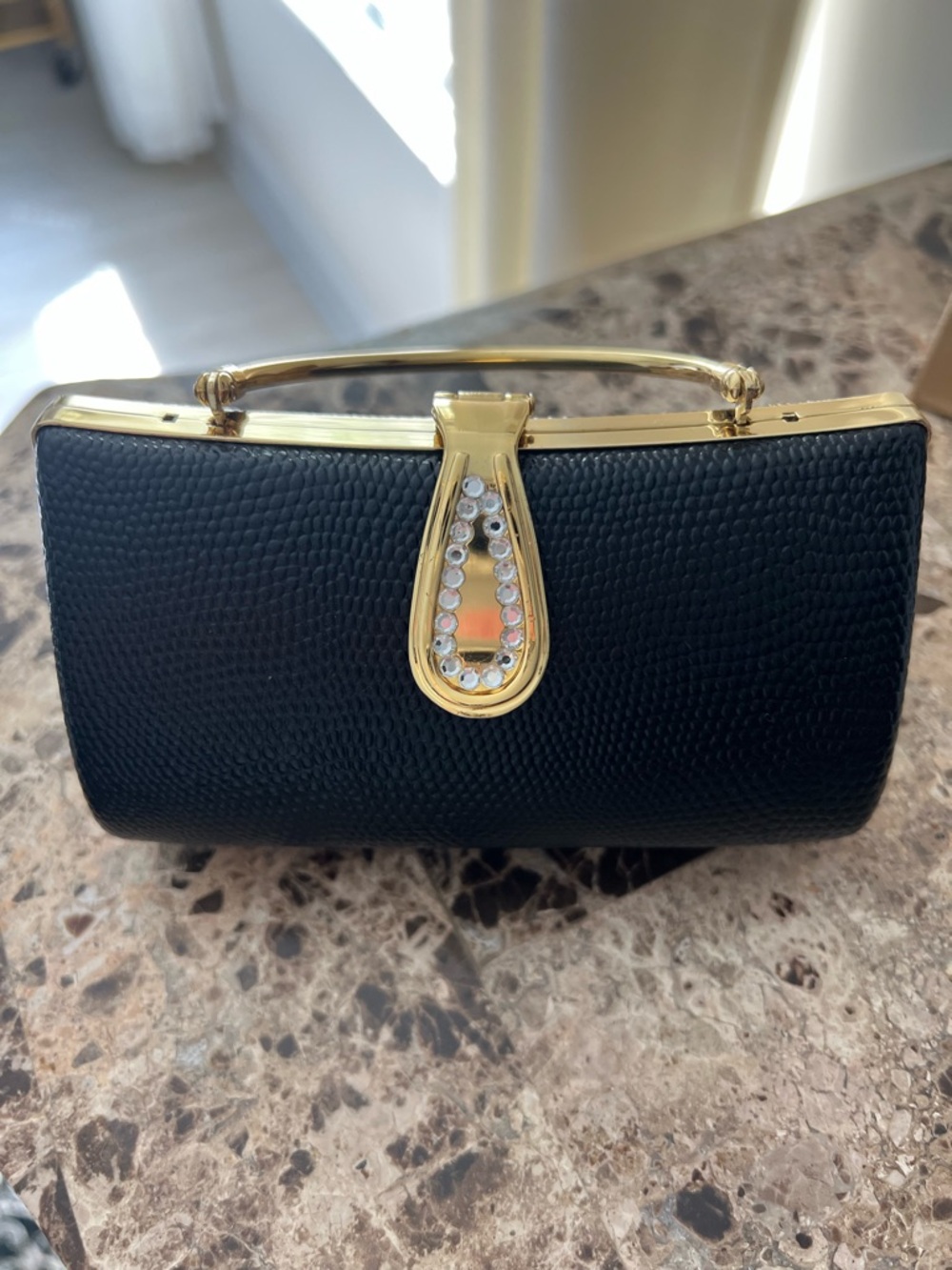 Black Structured Mini Top-Handle Evening Clutch with Gold Hardware